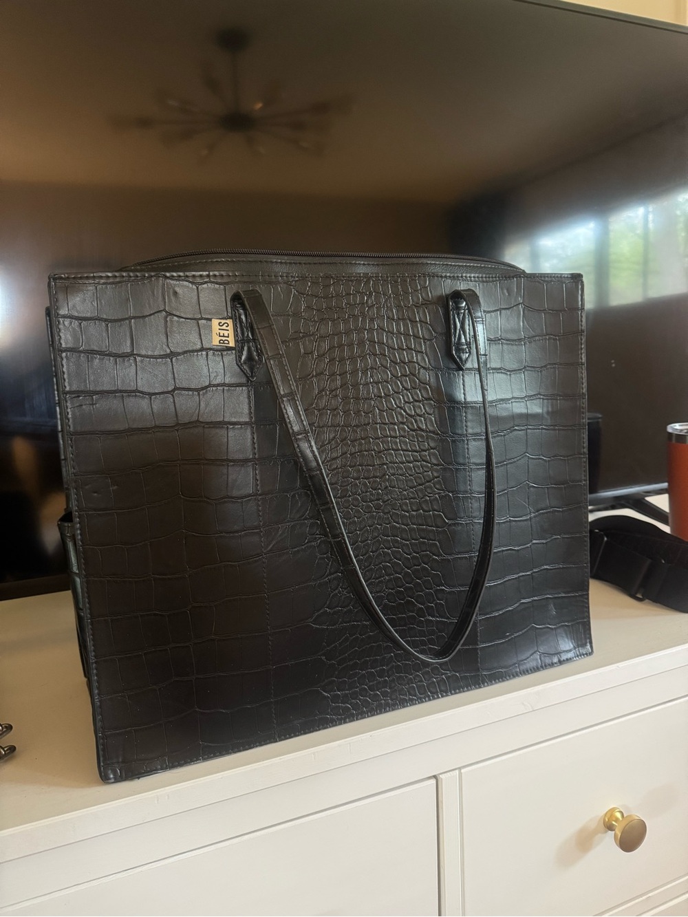 BEIS Black Croc-Embossed Structured Tote